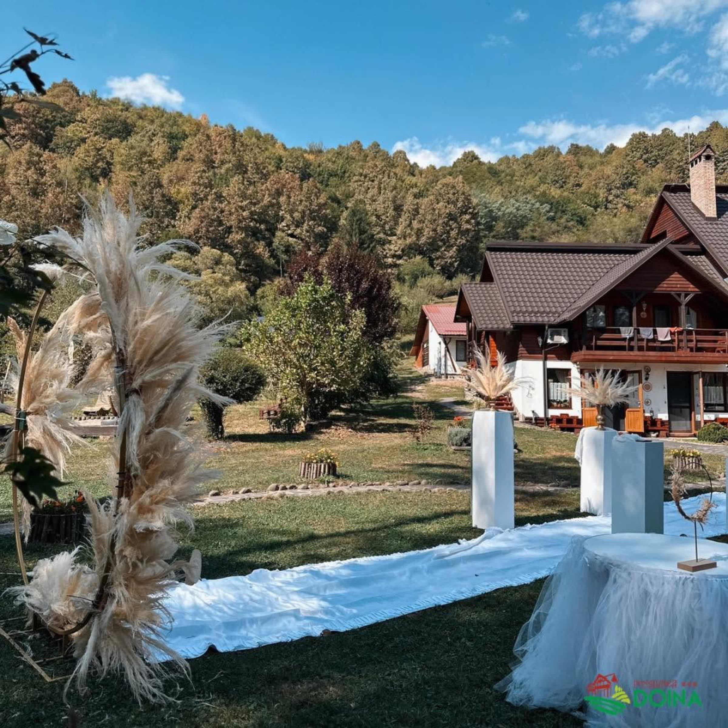 Culoar de nuntă decorat cu pampas, în grădina domeniului